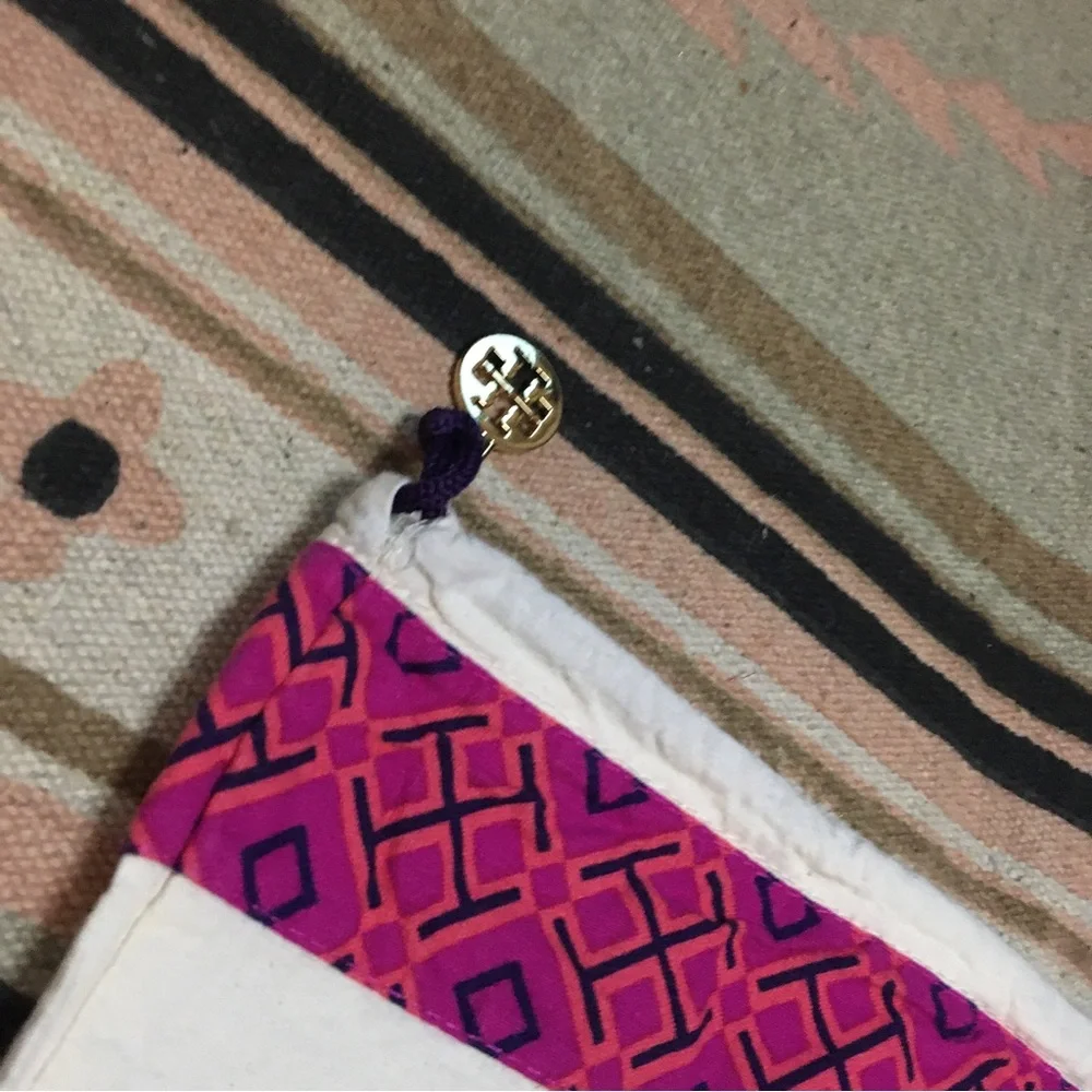Tory Burch large cream drawstring dustbag pink ribbons trim gold logo charm